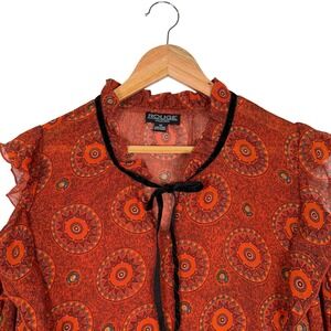 Rouge Collection Blouse Womens 1X Orange Medallion Cold Shoulder Ruffle Sleeve